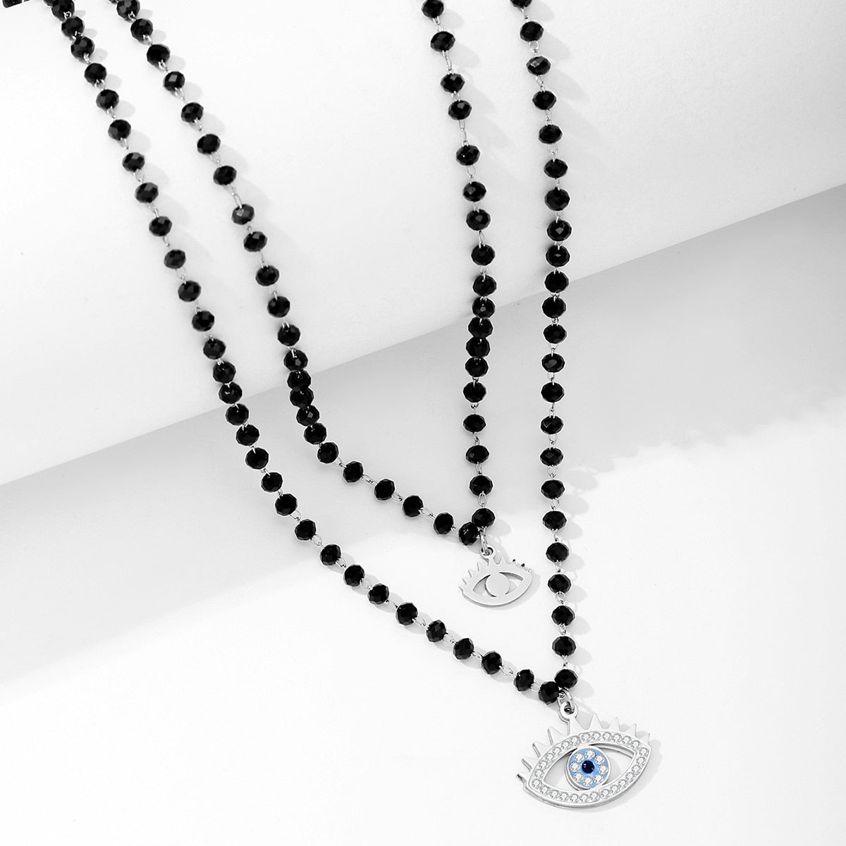 Boho Evil Bllue Eye Necklace for Women Black Crystal Beads Eye Collar Doubl Necklace Pendant Long Chain Couple Necklace Punk