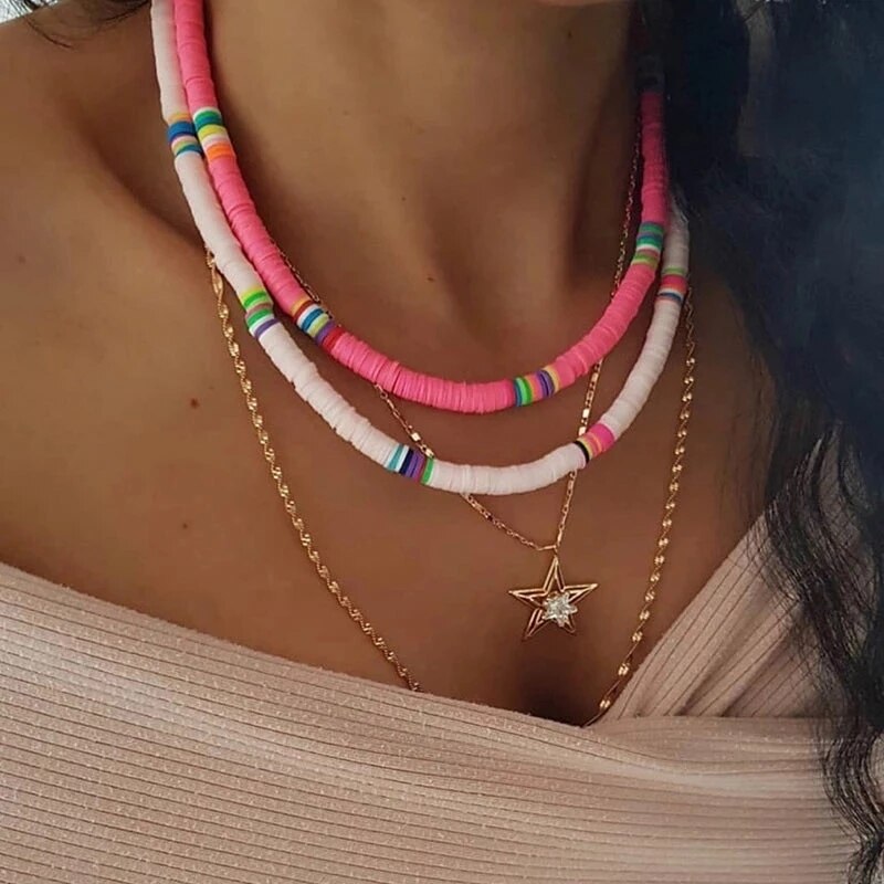 Boho Clavicle Chain Necklace Bohemian Colorful Soft Stacked Necklace For Women Beach Style All-Match Jewelry Sets Choker