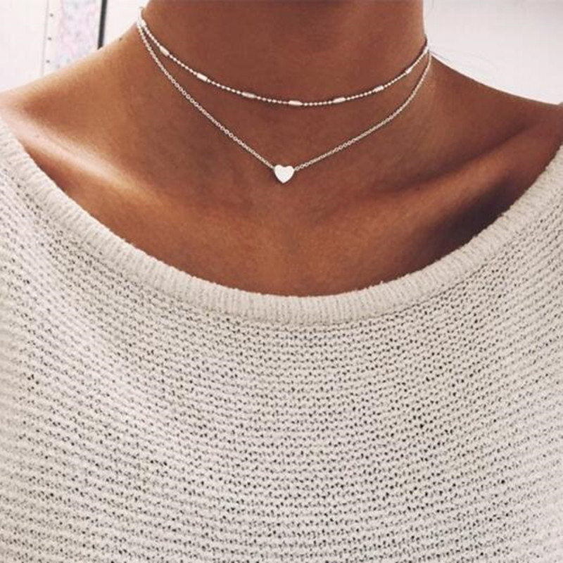 Boho Multilayer Heart Pendant Women Necklace Gold Color Chain Short Choker Female Party Statement Jewelry Dainty