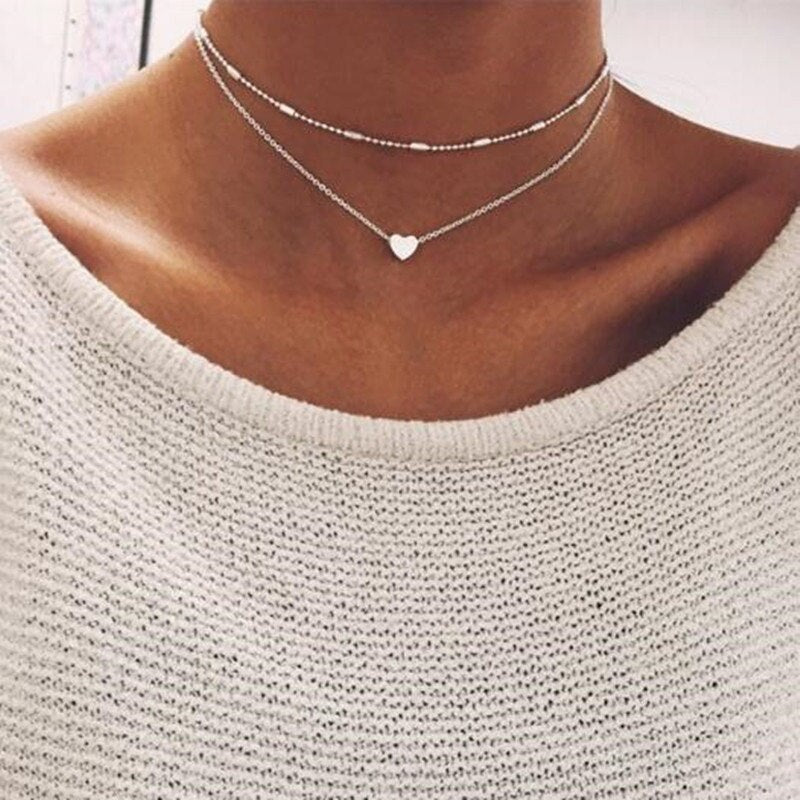 Boho Multilayer Heart Pendant Women Necklace Gold Color Chain Short Choker Female Party Statement Jewelry Dainty