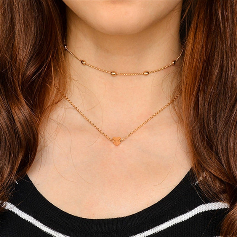 Boho Multilayer Heart Pendant Women Necklace Gold Color Chain Short Choker Female Party Statement Jewelry Dainty