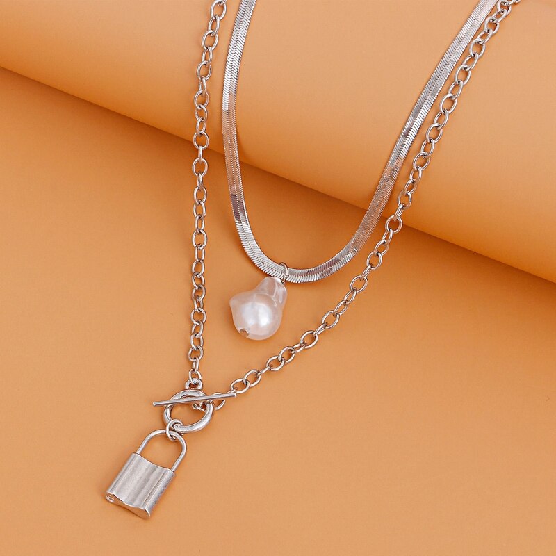 Boho Pearl Necklaces for Women Gothic Silver Color Charm Long Chain Lock Tassel Pendant Choker Necklace Jewlery Sets