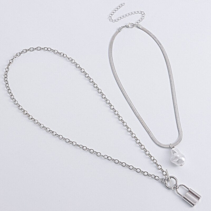 Boho Pearl Necklaces for Women Gothic Silver Color Charm Long Chain Lock Tassel Pendant Choker Necklace Jewlery Sets