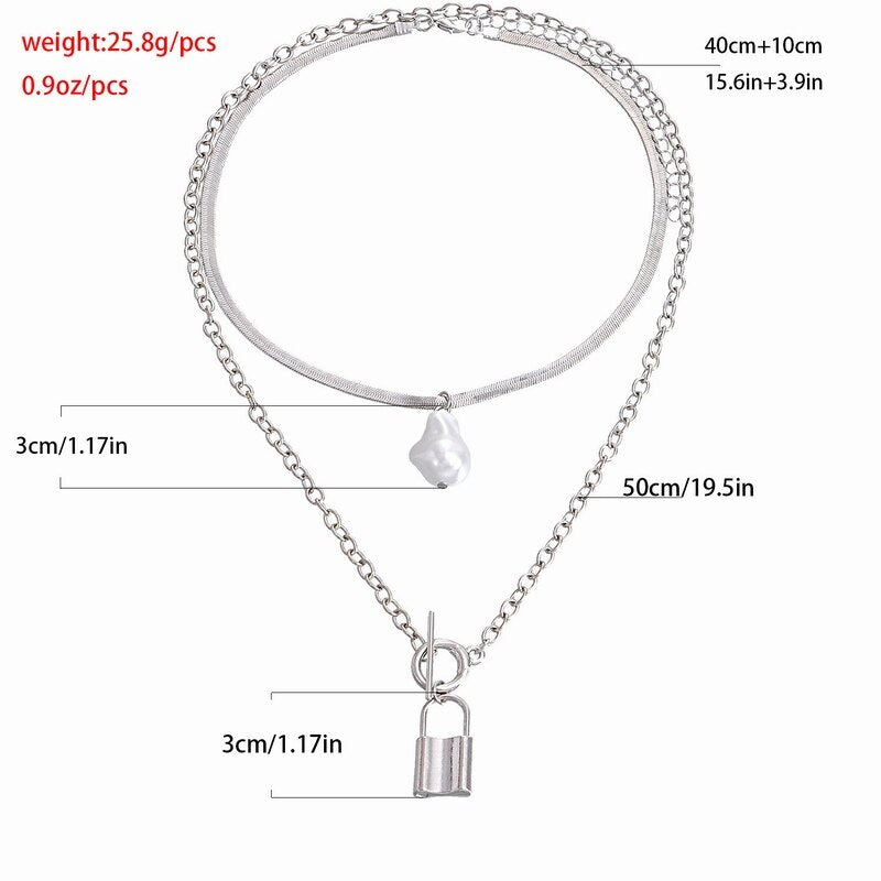 Boho Pearl Necklaces for Women Gothic Silver Color Charm Long Chain Lock Tassel Pendant Choker Necklace Jewlery Sets