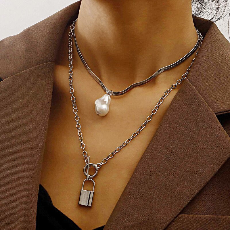 Boho Pearl Necklaces for Women Gothic Silver Color Charm Long Chain Lock Tassel Pendant Choker Necklace Jewlery Sets