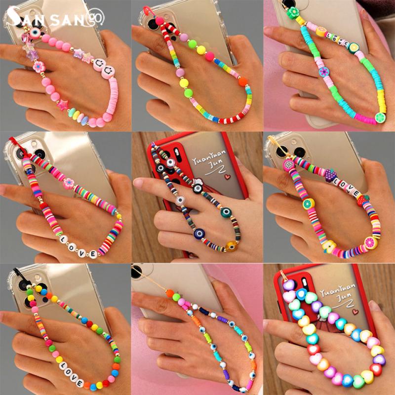 Boho Flower Smile Cell Phone Accessory Straps Bracelet Mobile Phone Soft Clay Hanging Chain for Woman Ornament Random Color