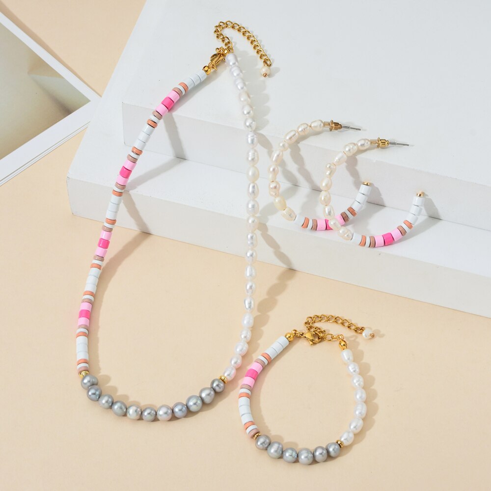 Boho Handmade Choker Natural Freshwater Pearl Necklace Women Beaded Jewelry Classic Style Bohemian Pink Set Gifts