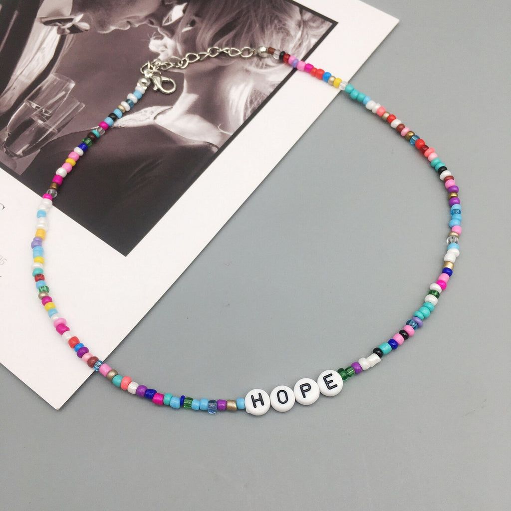 Boho Handmade Diy Seed Bead Necklace Letter Lucky Love Happy Choker Strand Chain Colorful Female Beach Collier Femme Jewelry