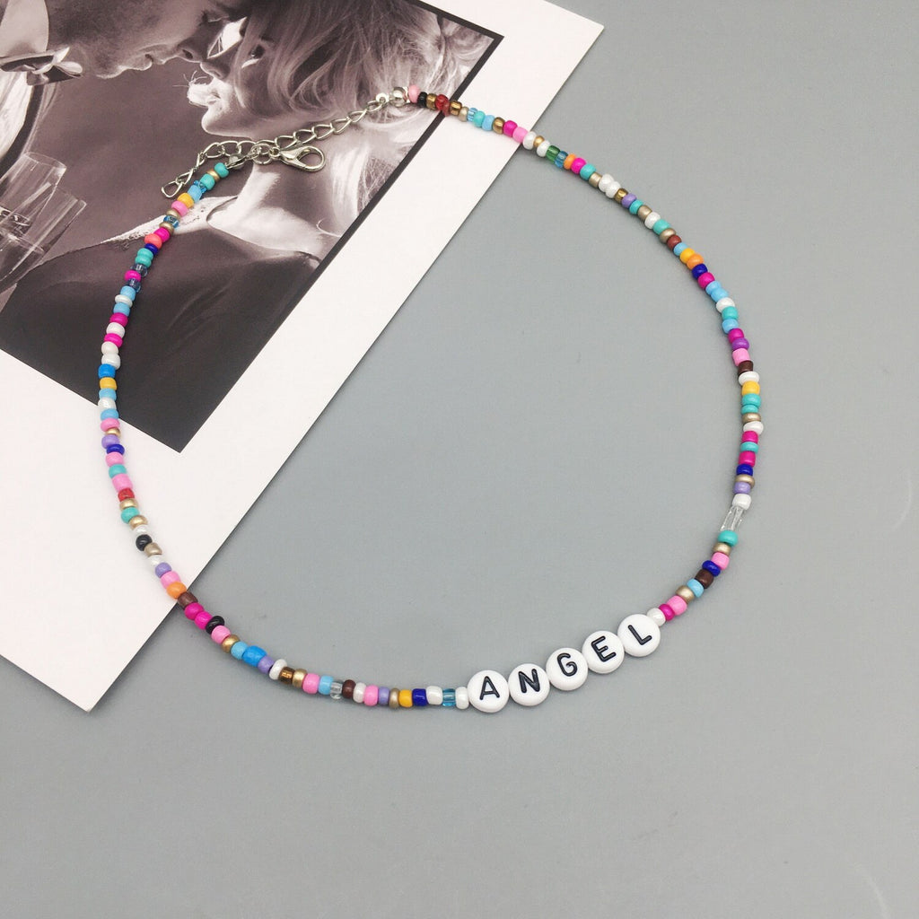 Boho Handmade Diy Seed Bead Necklace Letter Lucky Love Happy Choker Strand Chain Colorful Female Beach Collier Femme Jewelry