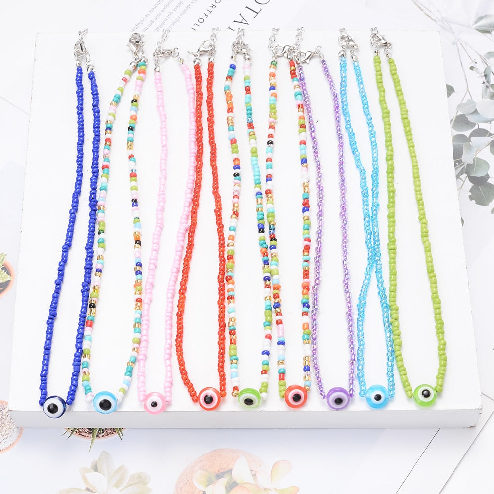 Boho Handmade Rainbow Seed Beads Choker Necklace Sweet Colorful Evil Eye Necklaces Women Collar Jewelry Accessories