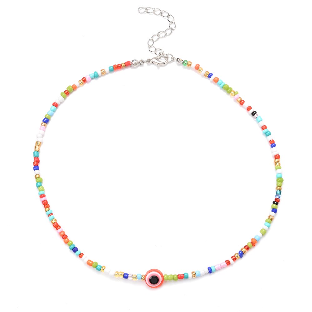 Boho Handmade Rainbow Seed Beads Choker Necklace Sweet Colorful Evil Eye Necklaces Women Collar Jewelry Accessories