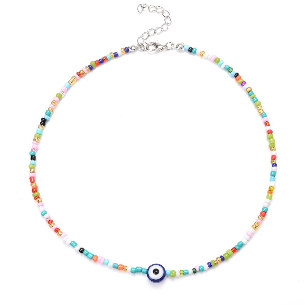 Boho Handmade Rainbow Seed Beads Choker Necklace Sweet Colorful Evil Eye Necklaces Women Collar Jewelry Accessories