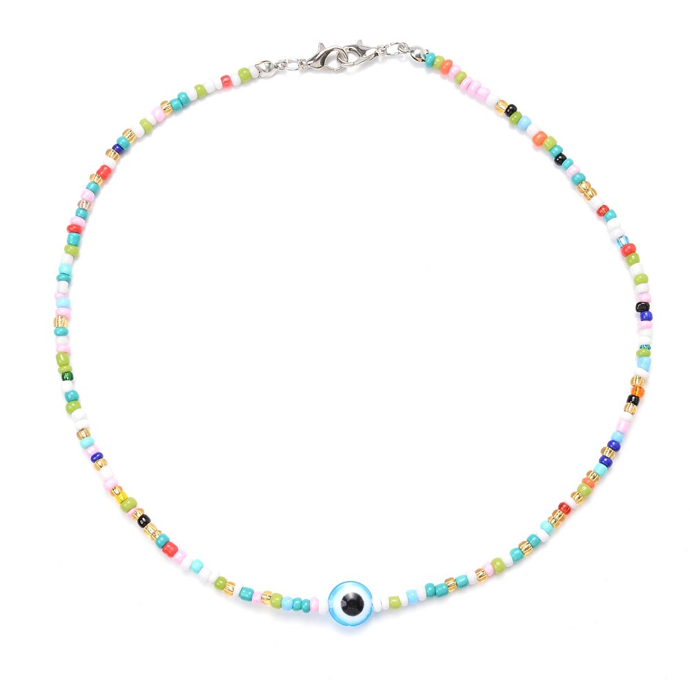 Boho Handmade Rainbow Seed Beads Choker Necklace Sweet Colorful Evil Eye Necklaces Women Collar Jewelry Accessories