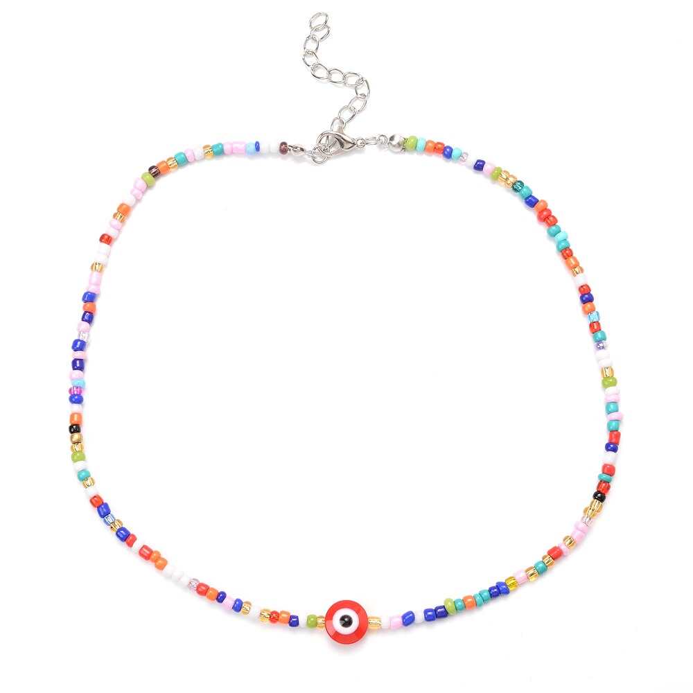 Boho Handmade Rainbow Seed Beads Choker Necklace Sweet Colorful Evil Eye Necklaces Women Collar Jewelry Accessories
