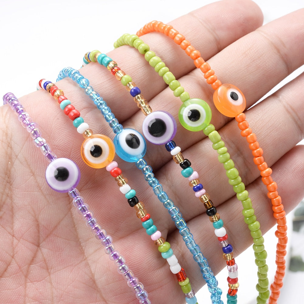 Boho Handmade Rainbow Seed Beads Choker Necklace Sweet Colorful Evil Eye Necklaces Women Collar Jewelry Accessories