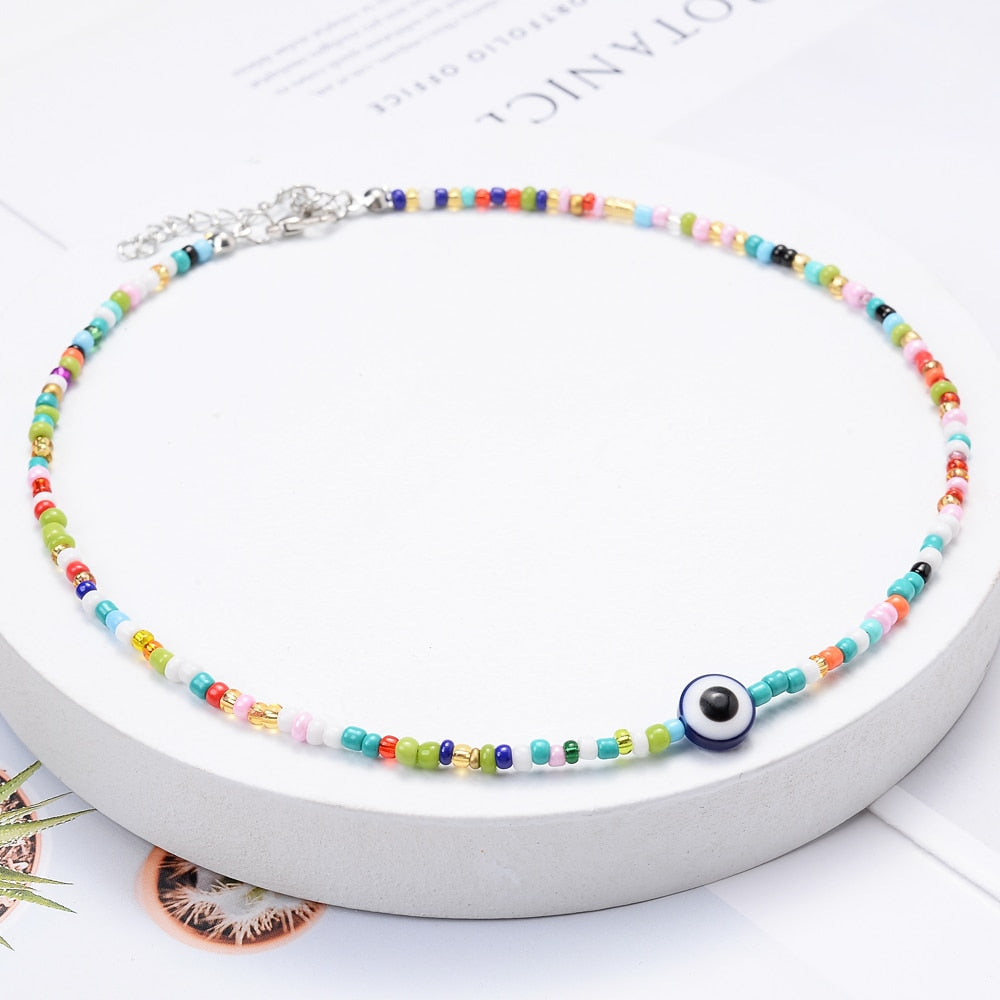 Boho Handmade Rainbow Seed Beads Choker Necklace Sweet Colorful Evil Eye Necklaces Women Collar Jewelry Accessories