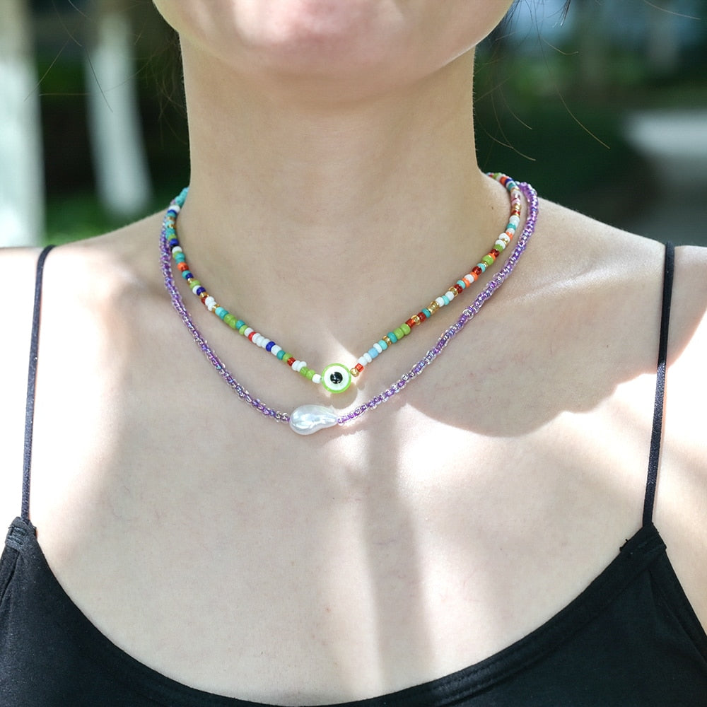 Boho Handmade Rainbow Seed Beads Choker Necklace Sweet Colorful Evil Eye Necklaces Women Collar Jewelry Accessories