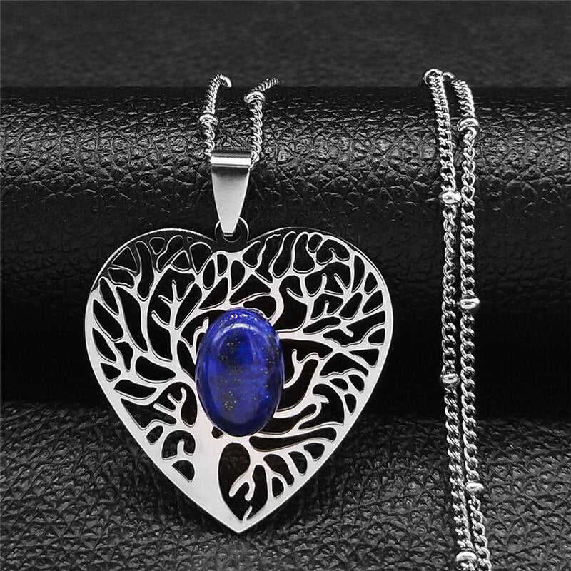Boho Heart Tree of Life Lapis Lazuli Stainless Steel Necklaces Silver Color Necklace Jewelry acier inoxydable bijoux N10S04