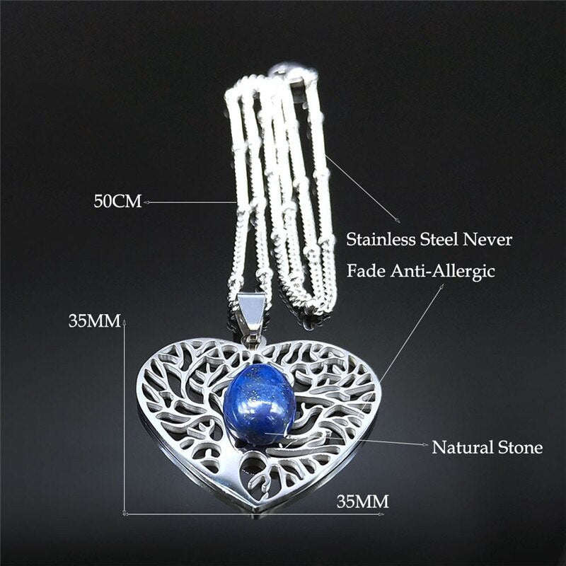 Boho Heart Tree of Life Lapis Lazuli Stainless Steel Necklaces Silver Color Necklace Jewelry acier inoxydable bijoux N10S04
