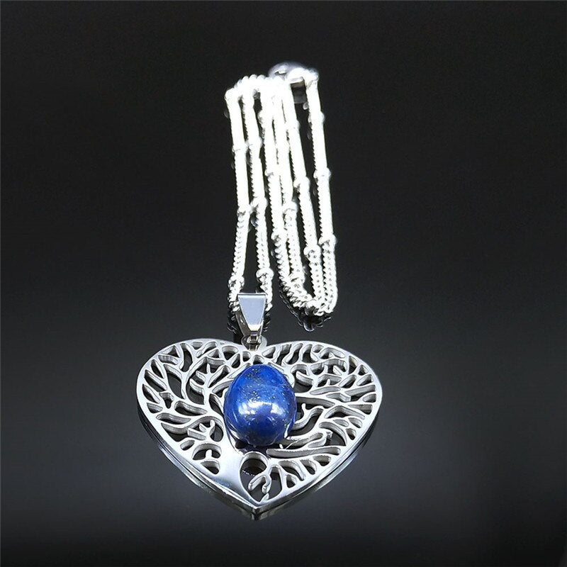 Boho Heart Tree of Life Lapis Lazuli Stainless Steel Necklaces Silver Color Necklace Jewelry acier inoxydable bijoux N10S04