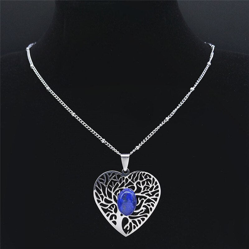 Boho Heart Tree of Life Lapis Lazuli Stainless Steel Necklaces Silver Color Necklace Jewelry acier inoxydable bijoux N10S04