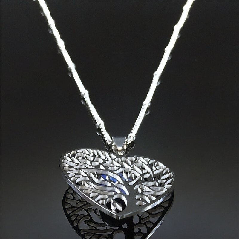 Boho Heart Tree of Life Lapis Lazuli Stainless Steel Necklaces Silver Color Necklace Jewelry acier inoxydable bijoux N10S04