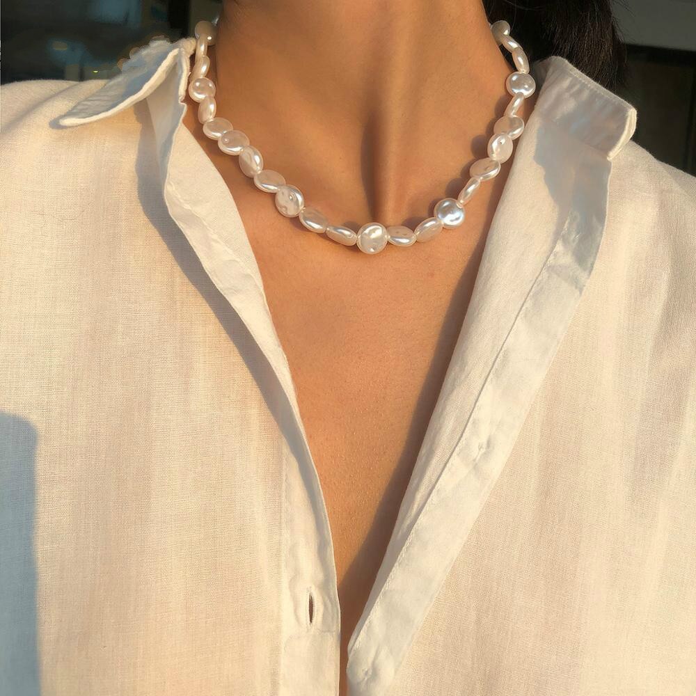 Boho Imitation Pearl Choker Necklaces Women Statement Handmade Short Clavicle Chain Necklaces Collar Women Jewelry