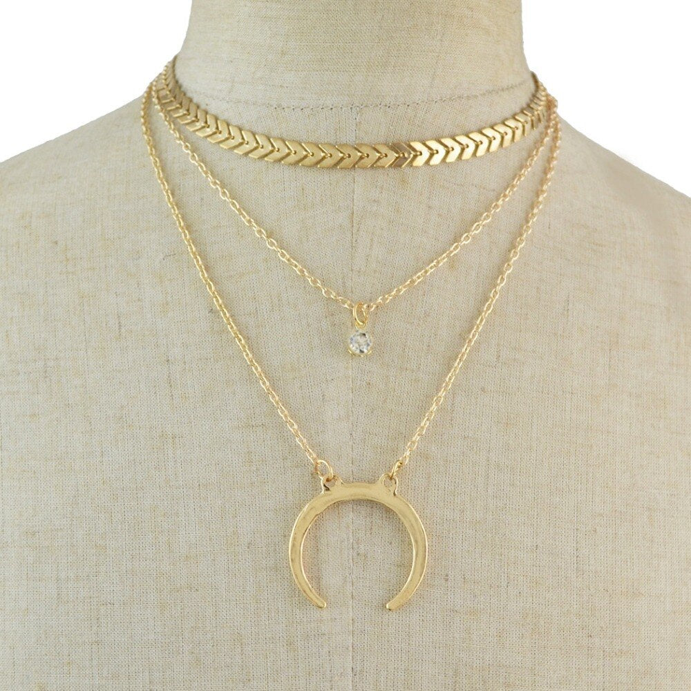 Boho India Gold Crystal Moon Pendant Necklace for Women Charms Choker Necklaces Party Jewelry Collars Necklace colar bohemian