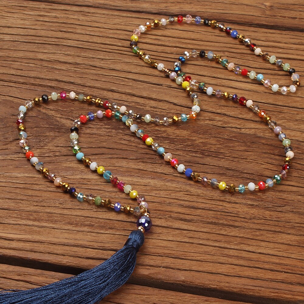 Boho Long Tassel Statement Necklace Women Ethnic Colorful Crystal Stone Beads Pendant Necklace Bohemian Handmade Jewelry Gift