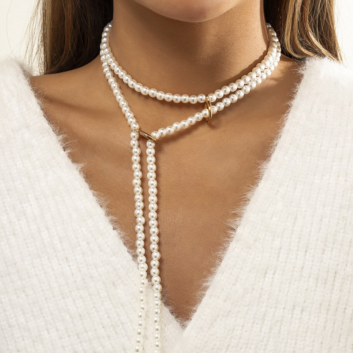 Boho Multi Layered Imitation Pearl Choker Necklace Long Statement Collar Clavicle Necklaces Women Bridal Wedding Party Jewelry