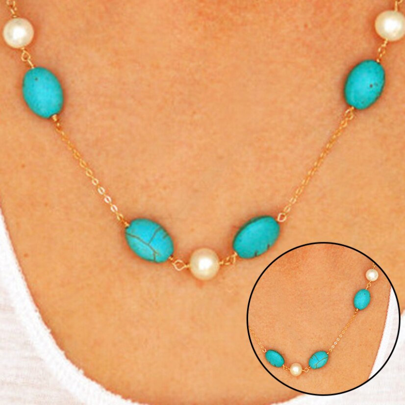 Boho Necklace Green Stone Pearl Choker Women Vintage Jewelry Streetwear Gifts For Girls Short Necklaces Charms