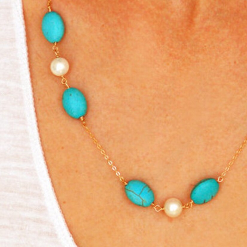 Boho Necklace Green Stone Pearl Choker Women Vintage Jewelry Streetwear Gifts For Girls Short Necklaces Charms