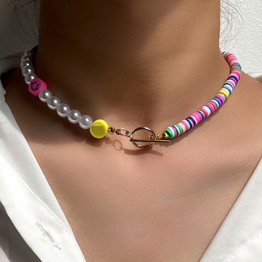 Boho Pink Asymmetric Pearl Clay Beaded Necklace For Women Handmade Bead Choker Toggle Clasp Necklace Girl Y2K Happy Face Jewelry