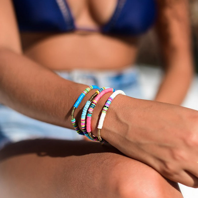 Boho  Polymer Clay Disc Beads Stretch Bracelet    Multicolored   Beads Mixed Surf Jewelry