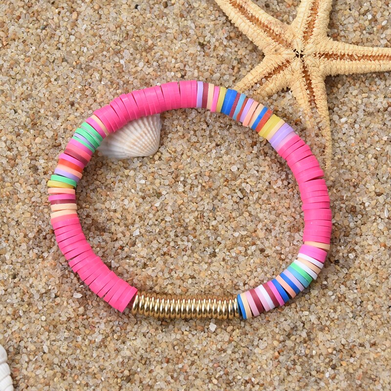 Boho  Polymer Clay Disc Beads Stretch Bracelet    Multicolored   Beads Mixed Surf Jewelry