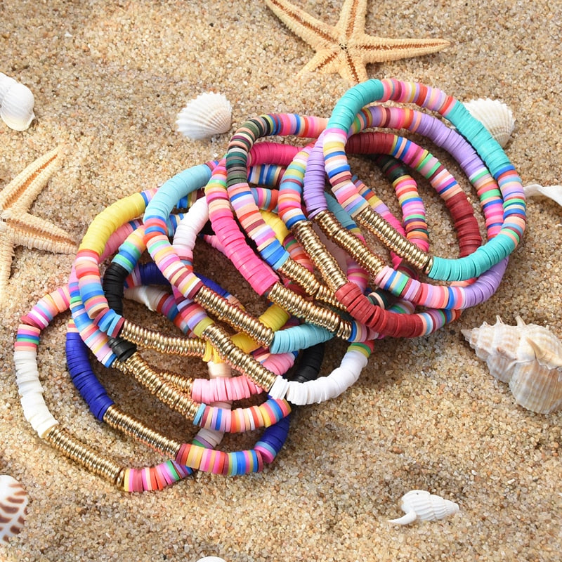 Boho  Polymer Clay Disc Beads Stretch Bracelet    Multicolored   Beads Mixed Surf Jewelry