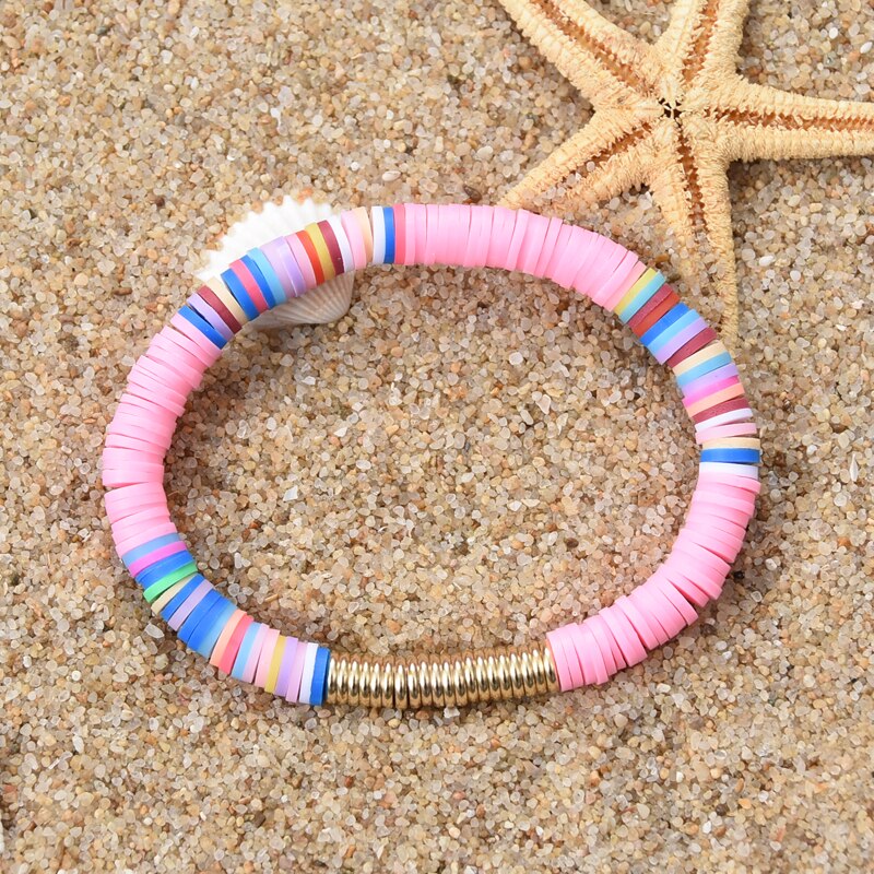 Boho  Polymer Clay Disc Beads Stretch Bracelet    Multicolored   Beads Mixed Surf Jewelry