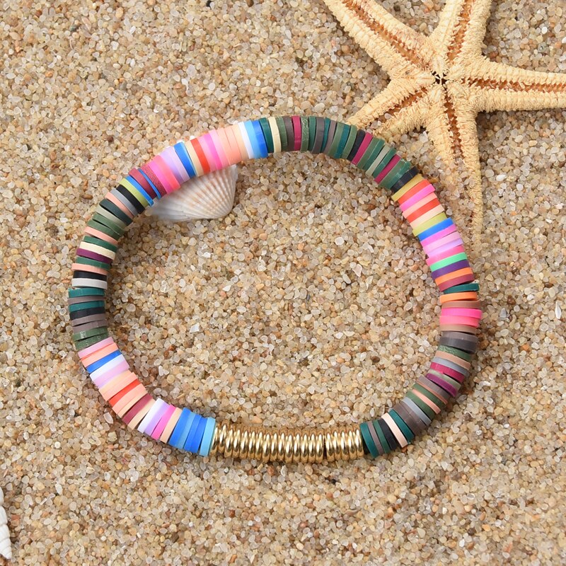 Boho  Polymer Clay Disc Beads Stretch Bracelet    Multicolored   Beads Mixed Surf Jewelry