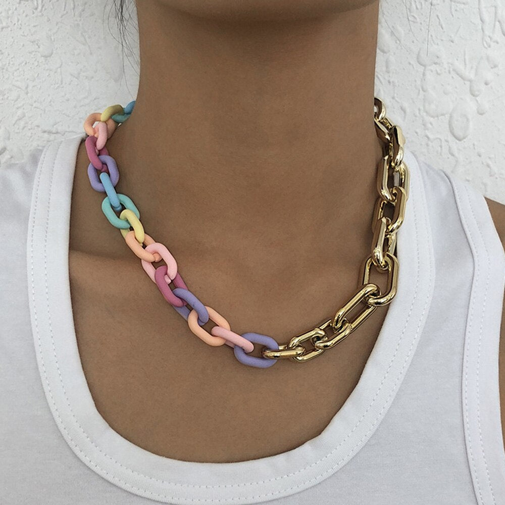 Boho Rainbow Acrylic Chunky Chain Necklaces Colorful Thick Chain Choker For Women Cute Candy Color Party Gift Jewelry