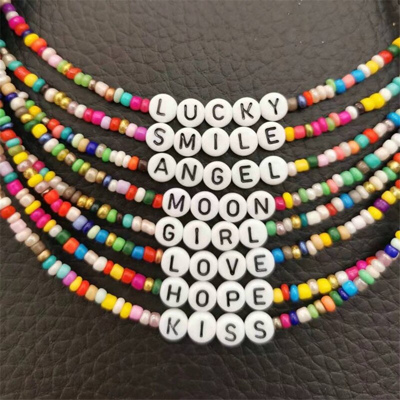 Boho Rainbow Beads Letter Love Hope Necklace for Women Handmade Colorful Chain Friends Girl Summer Beach Choker Neck Accessories