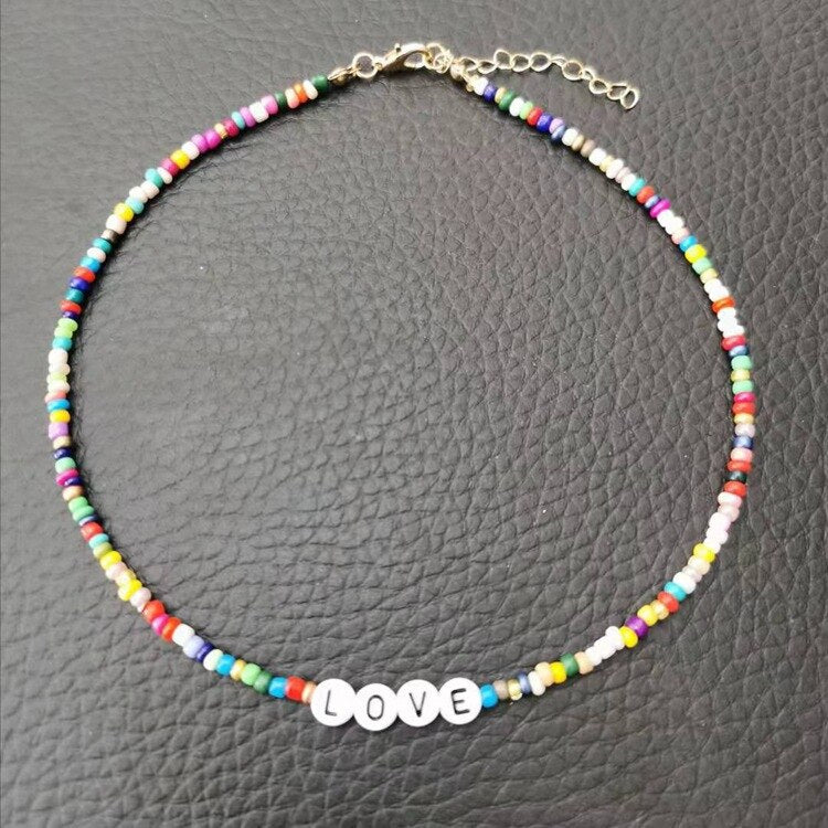 Boho Rainbow Beads Letter Love Hope Necklace for Women Handmade Colorful Chain Friends Girl Summer Beach Choker Neck Accessories