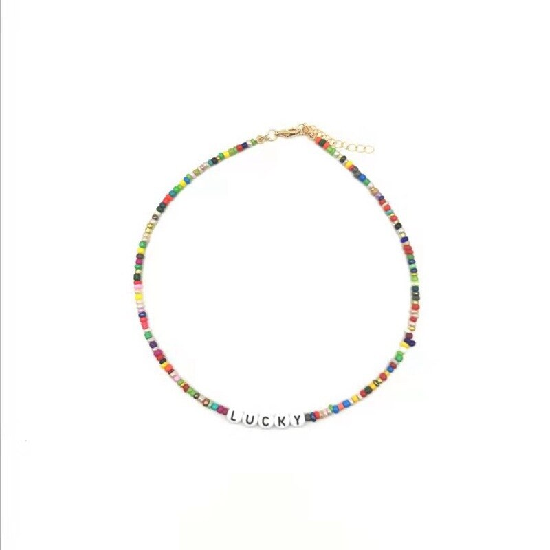 Boho Rainbow Beads Letter Love Hope Necklace for Women Handmade Colorful Chain Friends Girl Summer Beach Choker Neck Accessories