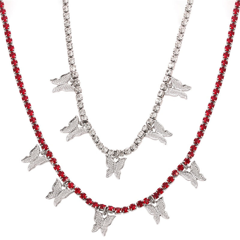 Boho Rhinestone Gold Silver Color Butterfly Pendant Necklace Female Shiny Crystal Clavicle Chain Jewelry Party Gift