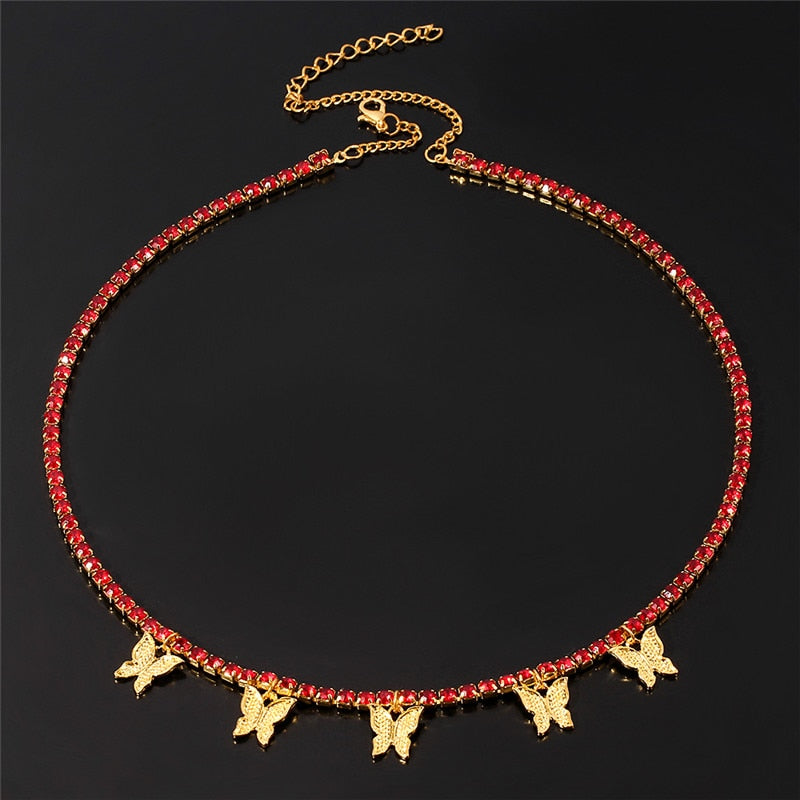 Boho Rhinestone Gold Silver Color Butterfly Pendant Necklace Female Shiny Crystal Clavicle Chain Jewelry Party Gift