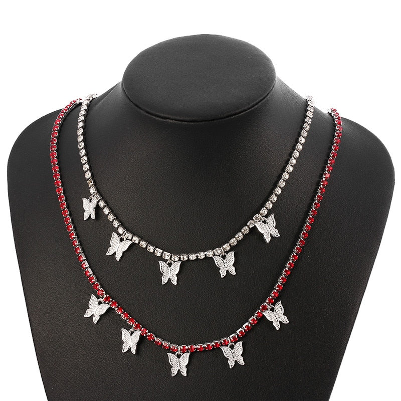 Boho Rhinestone Gold Silver Color Butterfly Pendant Necklace Female Shiny Crystal Clavicle Chain Jewelry Party Gift