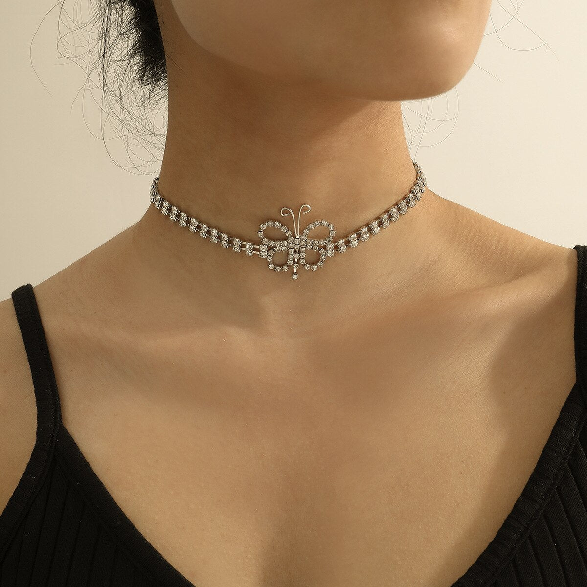 Boho Rhinestone Hollow Out Butterfly Charm With Crystal Chain Necklaces Bijoux For Women Elegant Choker Jewelry
