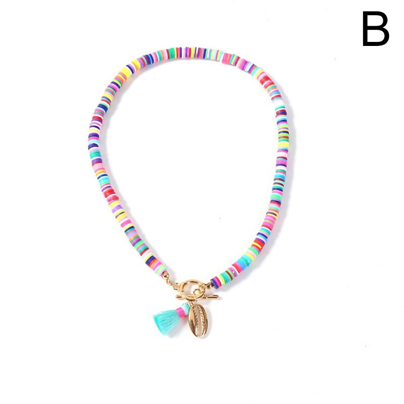 Boho Shell Necklace Bohemian Colorful Polymer Clay Seashell Pendant Necklace for Women Holiday Jewelry Beach Accessories