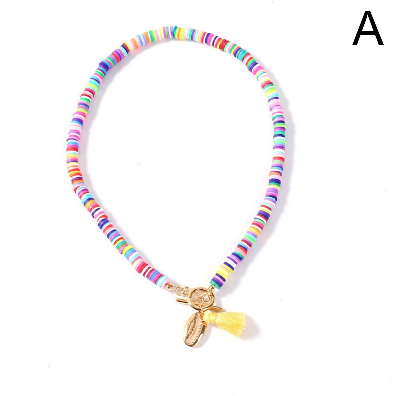 Boho Shell Necklace Bohemian Colorful Polymer Clay Seashell Pendant Necklace for Women Holiday Jewelry Beach Accessories