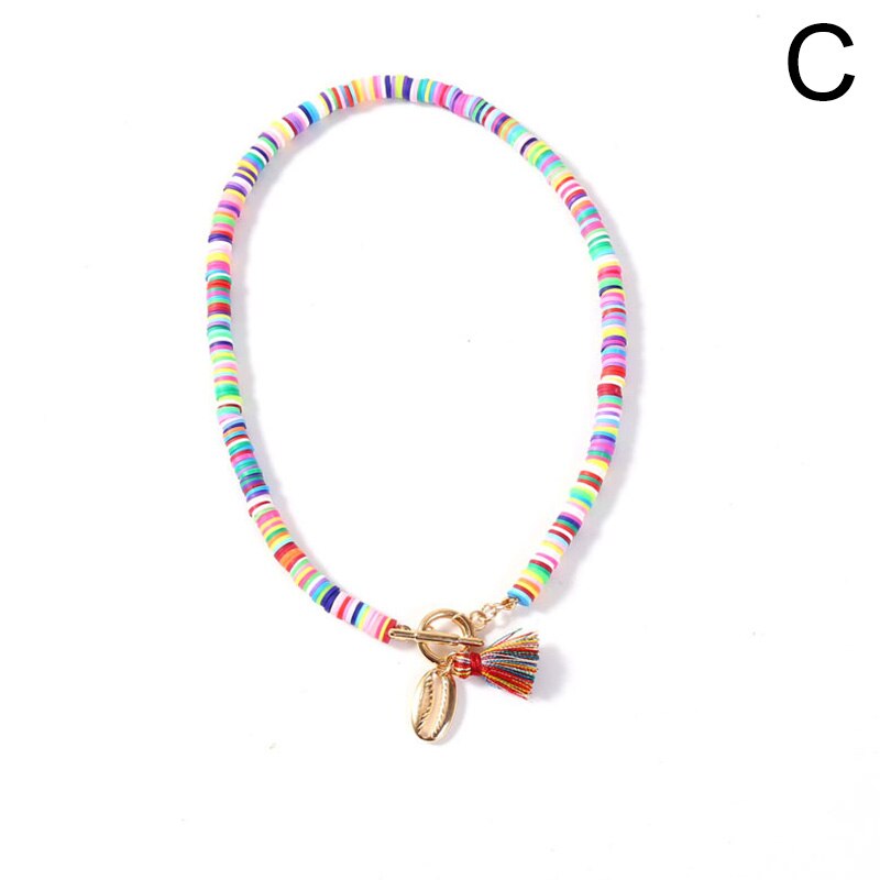 Boho Shell Necklace Bohemian Colorful Polymer Clay Seashell Pendant Necklace for Women Holiday Jewelry Beach Accessories
