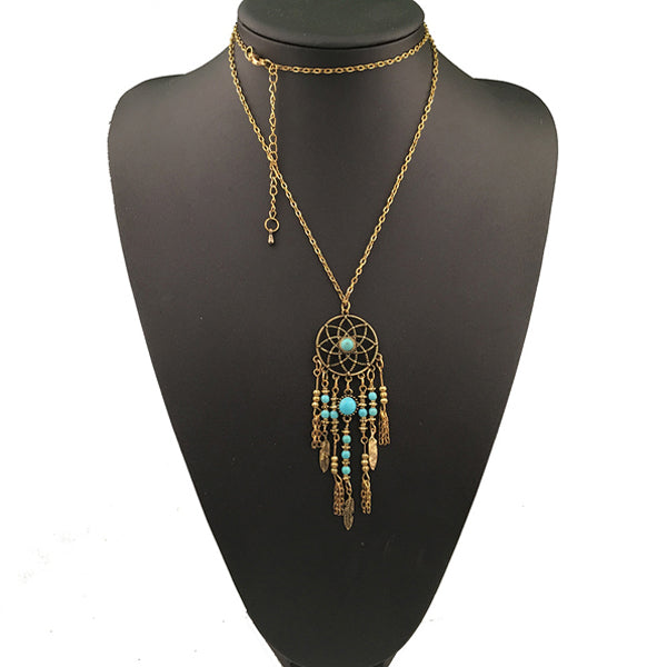 Boho Silver Gold Dream Catcher Leaves Feathers Charm Necklaces Round Faux Beads Sweater Necklace Jewelry
